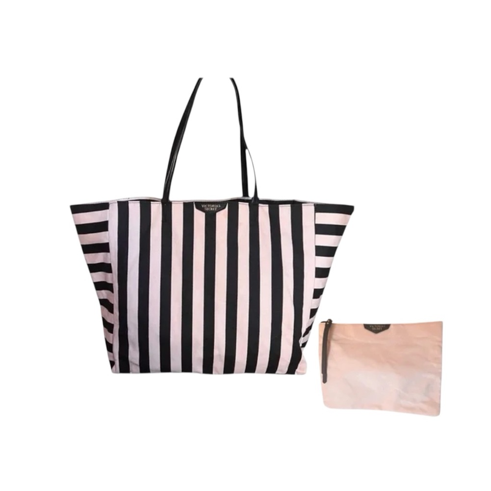 Victoria’s Secret Black and Pink Striped Tote Bag with zipper pouch.